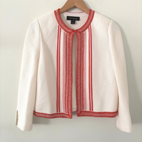St. John Knit Cardigan Jacket Size 0 White Orange Bouclé Wool‎ Blend Like New - Picture 1 of 8